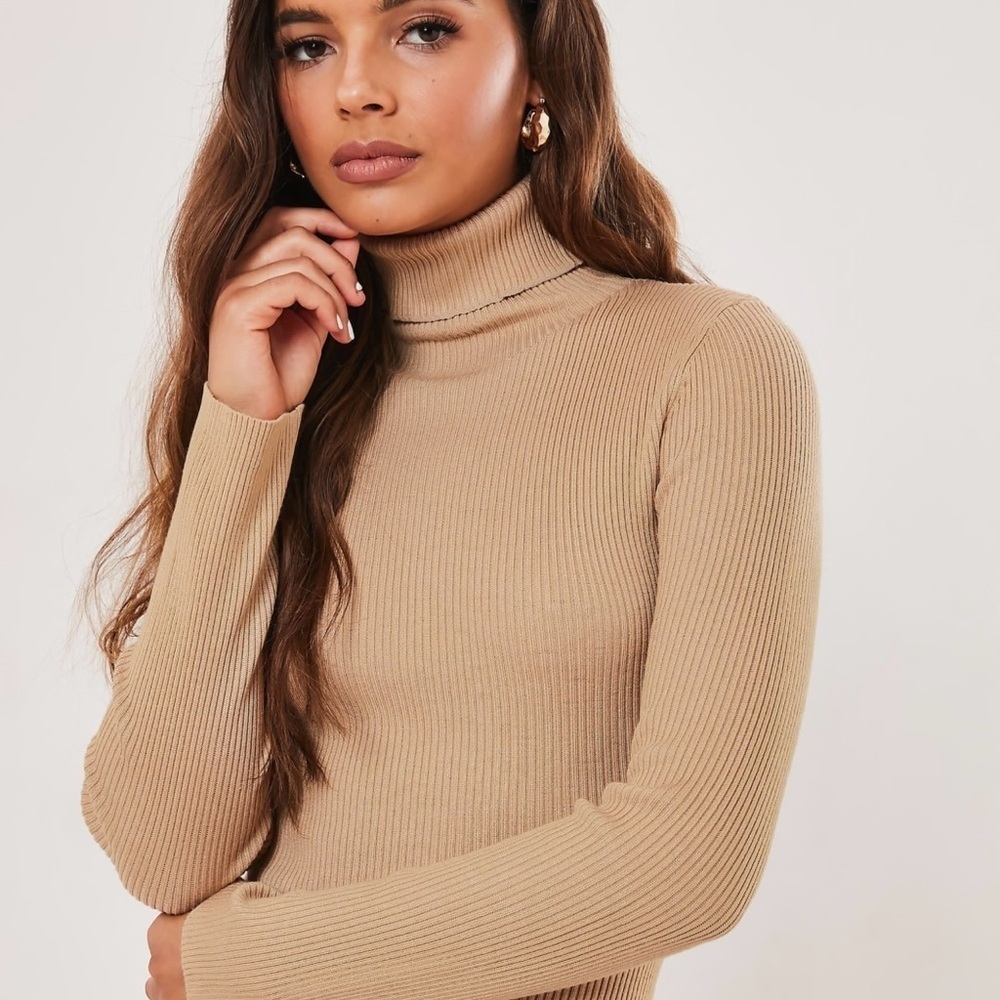 Missguided roll neck Tan Long Sleeve Turtleneck Dress - Picture 2 of 8